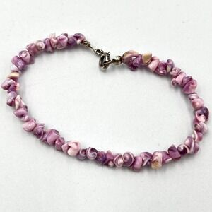 Vintage Boho Purple Lilac Natural Shell Chip Bead Anklet Bracelet Silver Tone